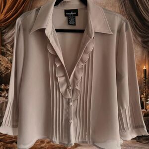 Taupe Ruffle Pintuck Blouse 14 Petite | Sheer Neutral Career Top